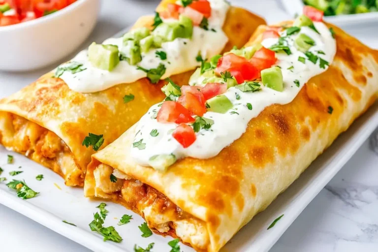 Golden, crispy Chicken Chimichangas topped with sour cream, diced tomatoes, and avocado on a white plate.