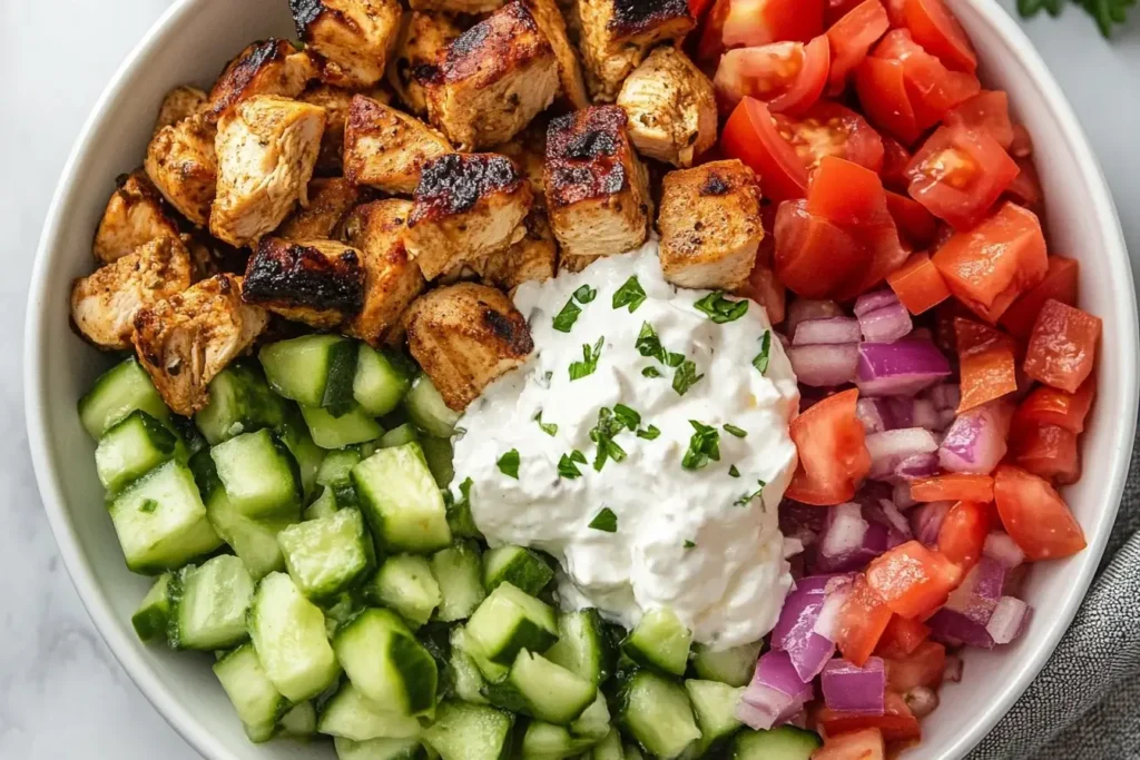 Grilled chicken gyro bowls with tzatziki, cucumbers, tomatoes, and red onions.