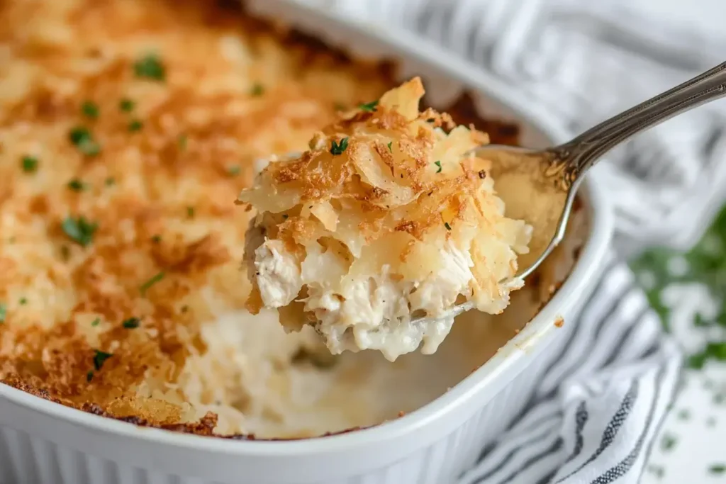 Spoonful of creamy Chicken Hashbrown Casserole with crispy topping