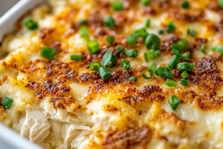 Close-up of cheesy Chicken Hashbrown Casserole with golden crust and green onions