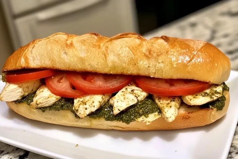 Close-up of a Chicken Pesto Sandwich with grilled chicken, fresh tomato slices, and pesto on a toasted ciabatta roll.