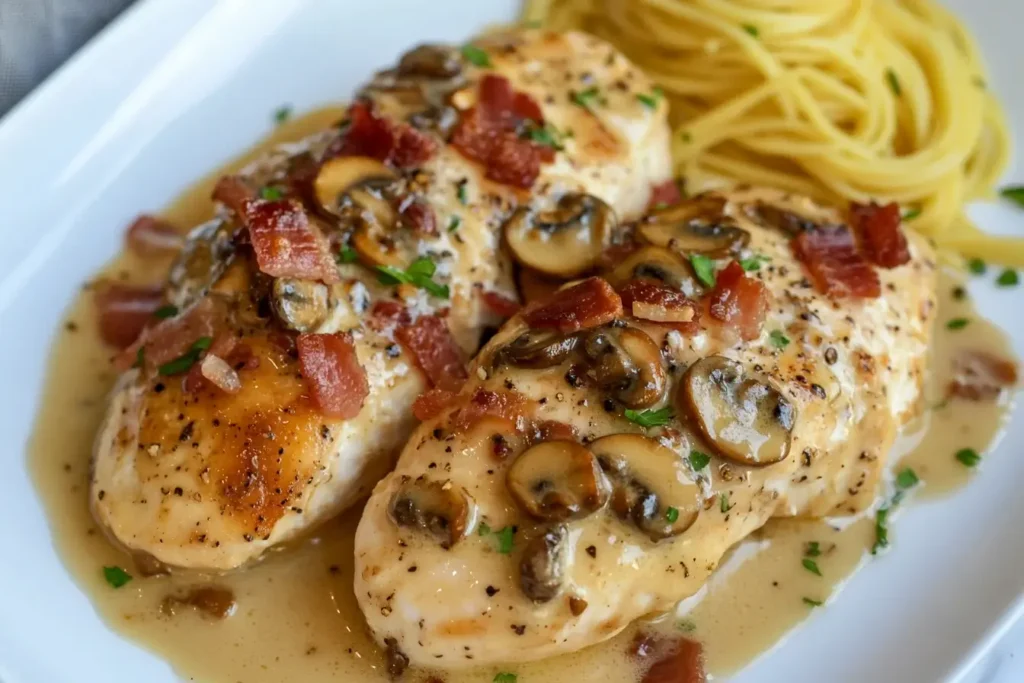 Chicken Riesling served with spaghetti, topped with bacon and mushrooms in creamy white wine sauce