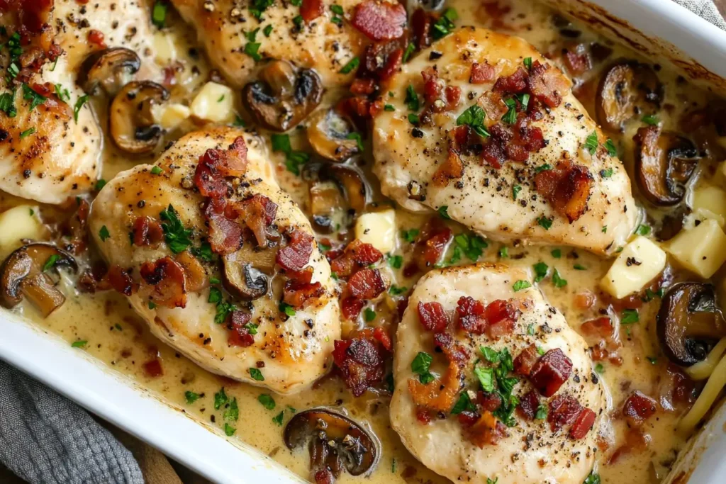 Chicken Riesling with bacon, mushrooms, and creamy white wine sauce in a baking dish