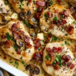 Chicken Riesling with bacon, mushrooms, and creamy white wine sauce in a baking dish