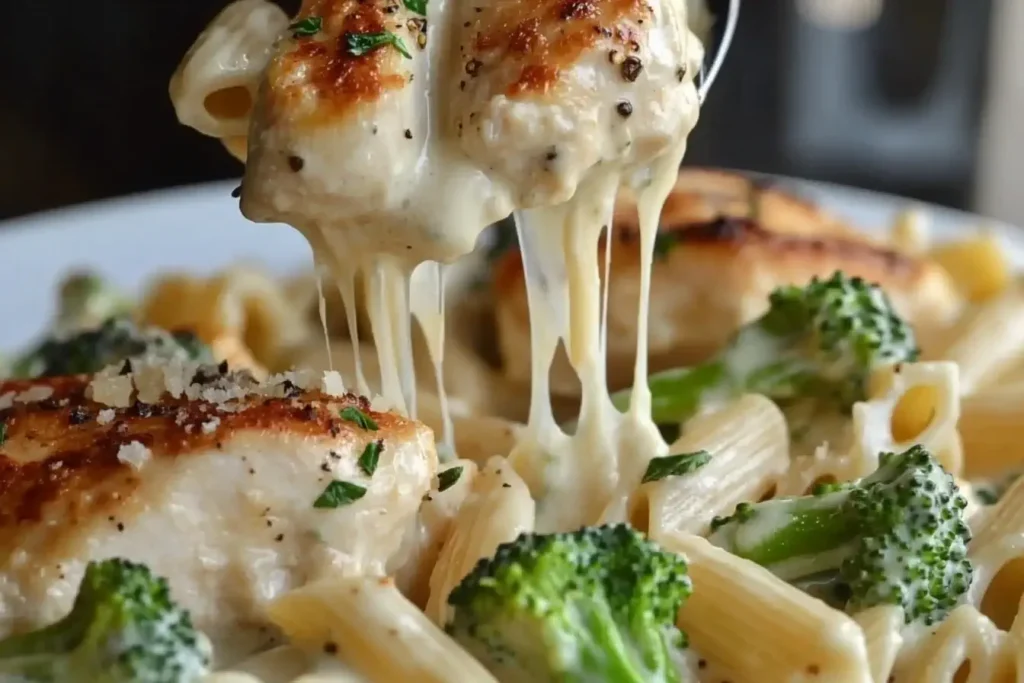 Cheesy forkful of Chicken and Broccoli Alfredo Bake with gooey melted cheese and pasta.