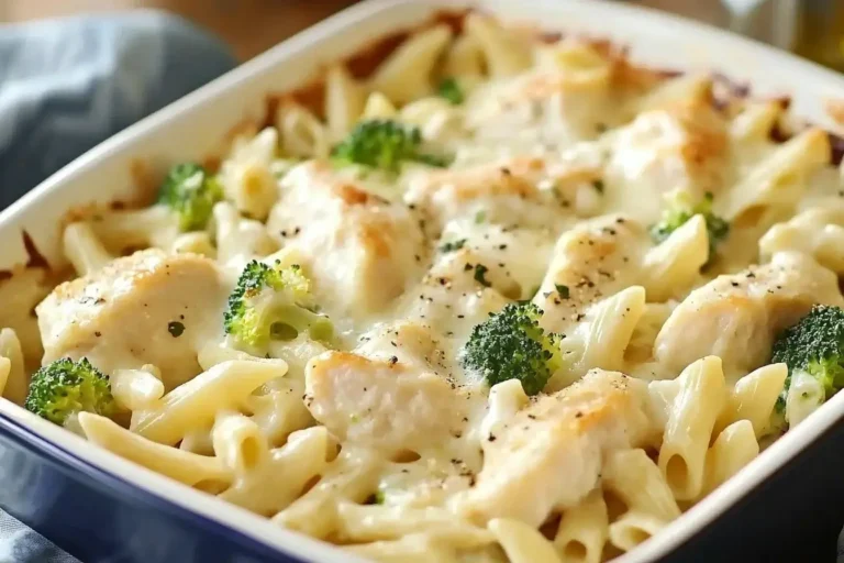 Chicken and Broccoli Alfredo Bake served in a white casserole dish, topped with melted cheese and broccoli florets.