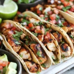 Easy Chicken Tacos filled with grilled chicken, fresh pico de gallo, cilantro, and lime wedges.