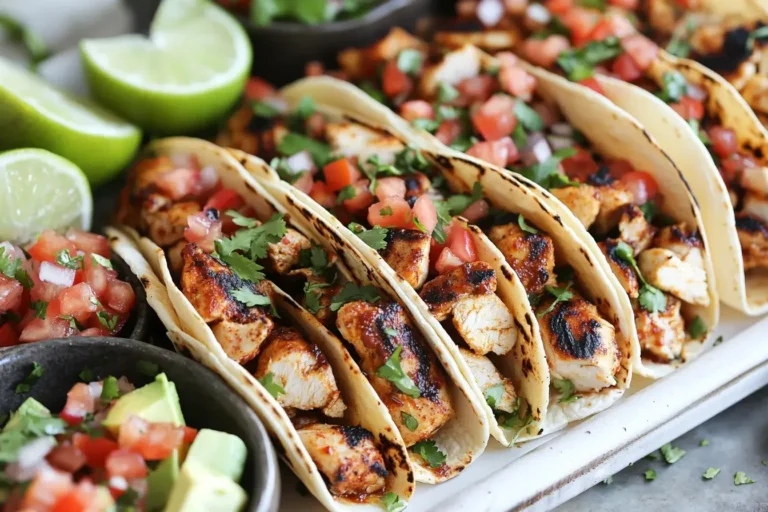 Easy Chicken Tacos filled with grilled chicken, fresh pico de gallo, cilantro, and lime wedges.