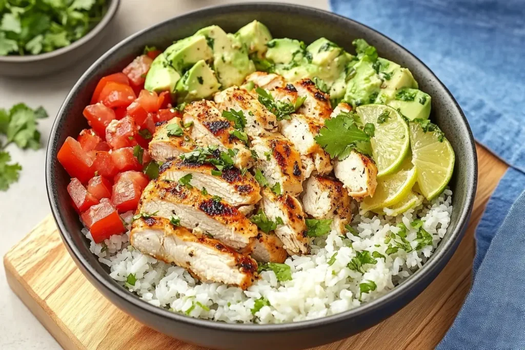 Grilled chicken served over cilantro lime rice with avocado, tomato, and lime slices in a bowl – Cilantro Lime Chicken and Rice Bowl