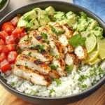 Grilled chicken served over cilantro lime rice with avocado, tomato, and lime slices in a bowl – Cilantro Lime Chicken and Rice Bowl