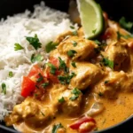 Creamy Coconut Chicken Recipe served with fluffy white rice and fresh cilantro in a black bowl