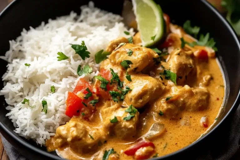 Creamy Coconut Chicken Recipe served with fluffy white rice and fresh cilantro in a black bowl