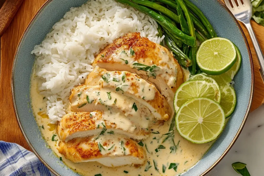 Creamy Coconut Lime Chicken served with rice, green beans, and fresh lime slices