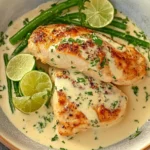 Creamy Coconut Lime Chicken served with green beans and lime wedges in a rich coconut sauce