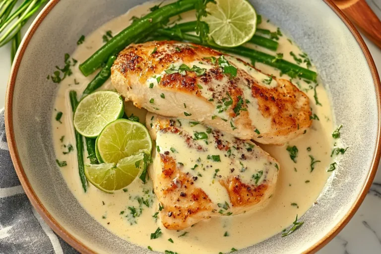 Creamy Coconut Lime Chicken served with green beans and lime wedges in a rich coconut sauce