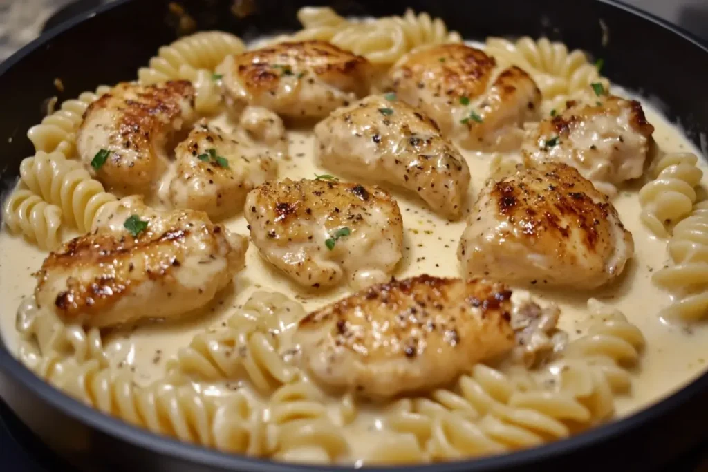 Creamy Garlic Butter Chicken and Rotini in Parmesan Sauce with seared chicken in creamy garlic-Parmesan sauce over rotini pasta.