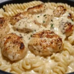 Creamy Garlic Butter Chicken and Rotini in Parmesan Sauce served in a skillet with seared chicken and rich, cheesy cream sauce.