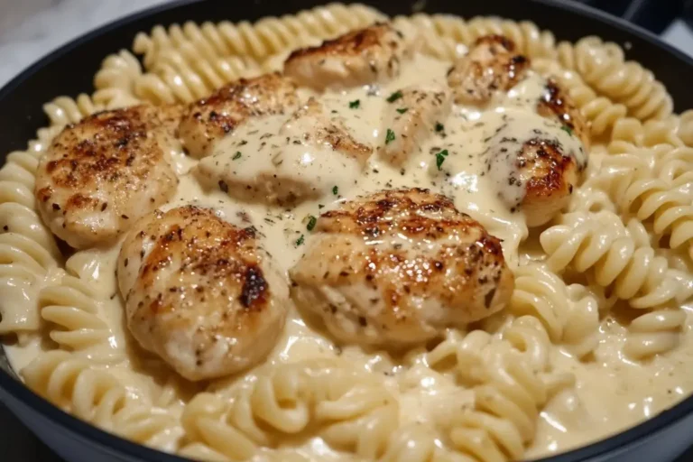 Creamy Garlic Butter Chicken and Rotini in Parmesan Sauce served in a skillet with seared chicken and rich, cheesy cream sauce.