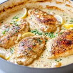Creamy Garlic Chicken breasts simmering in a rich, creamy garlic Parmesan sauce with lemon slices and fresh parsley in a skillet.