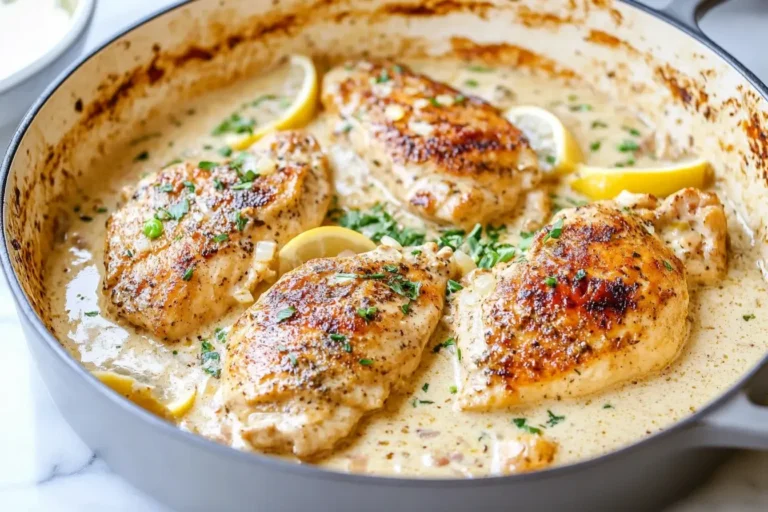 Creamy Garlic Chicken breasts simmering in a rich, creamy garlic Parmesan sauce with lemon slices and fresh parsley in a skillet.