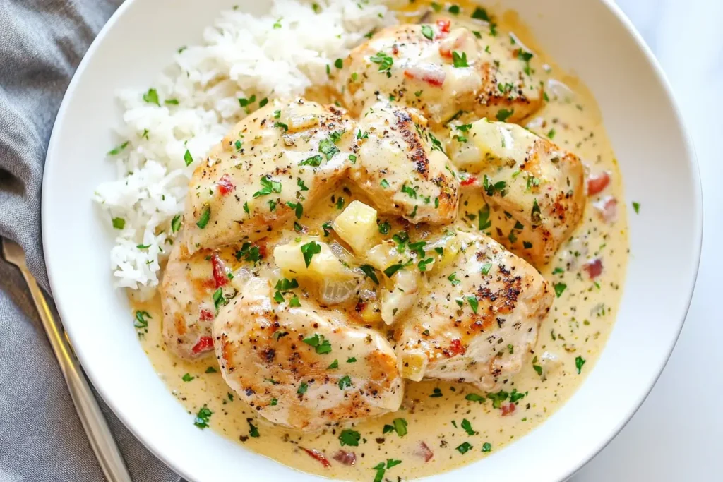 Creamy Garlic Chicken served with rice and smothered in a rich, creamy garlic sauce with herbs and diced vegetables.