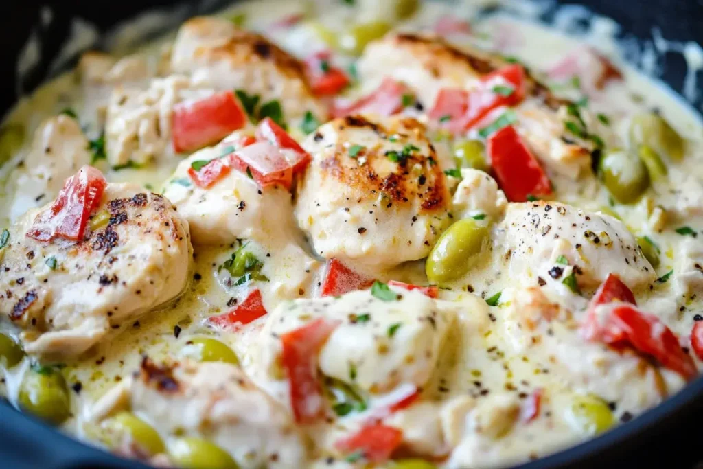Creamy Pepperoncini Chicken Skillet with juicy chicken breasts, tangy pepperoncini, and rich cream sauce in a skillet