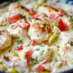 Creamy Pepperoncini Chicken Skillet with juicy chicken breasts, tangy pepperoncini, and rich cream sauce in a skillet