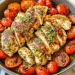 Creamy Pesto Chicken with roasted tomatoes in a skillet, topped with basil pesto and grilled to perfection.