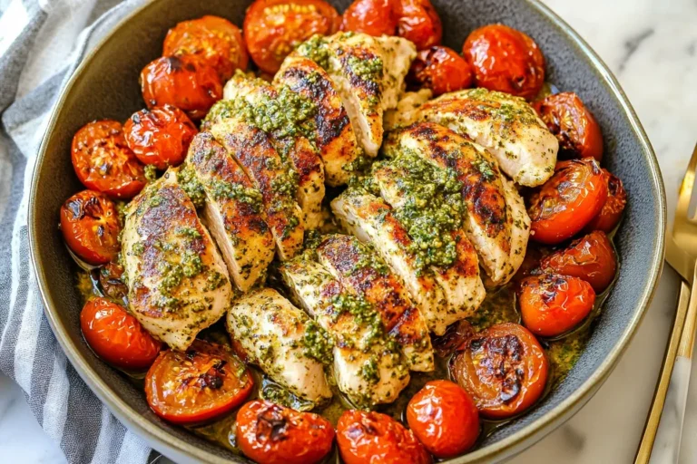 Creamy Pesto Chicken with roasted tomatoes in a skillet, topped with basil pesto and grilled to perfection.