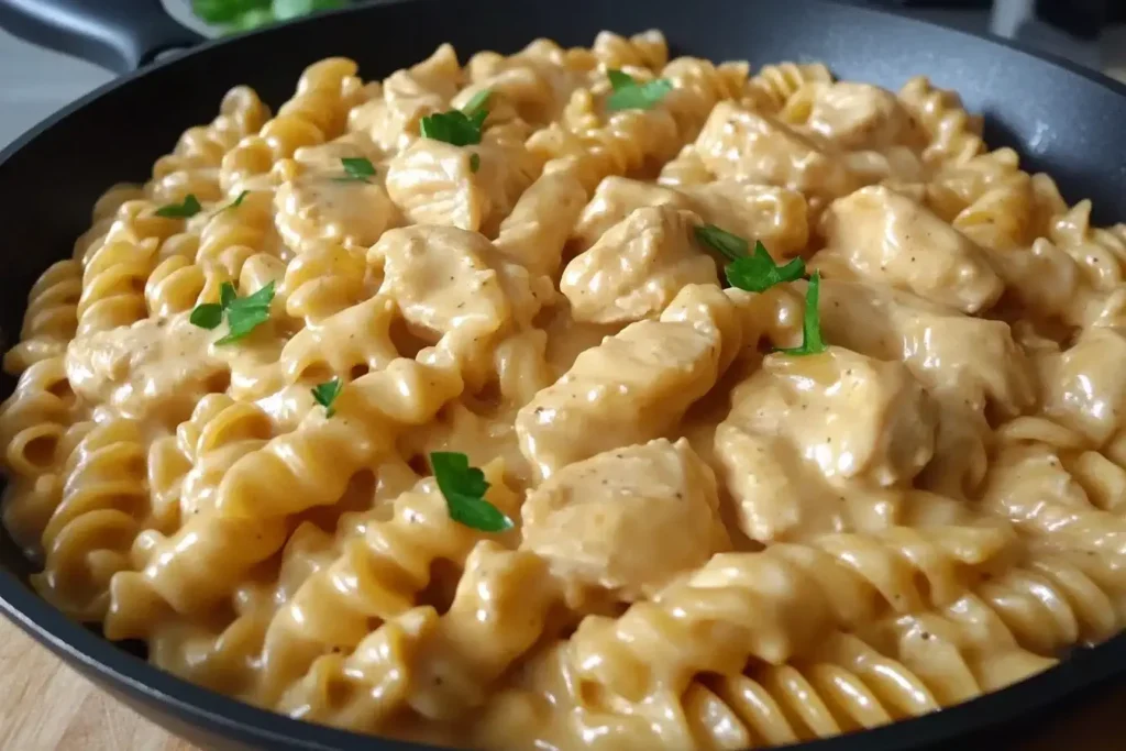 Creamy Smoky White Cheddar Honey Butter Chicken Pasta Skillet with rotini and tender chicken in a rich cheese sauce, garnished with parsley.