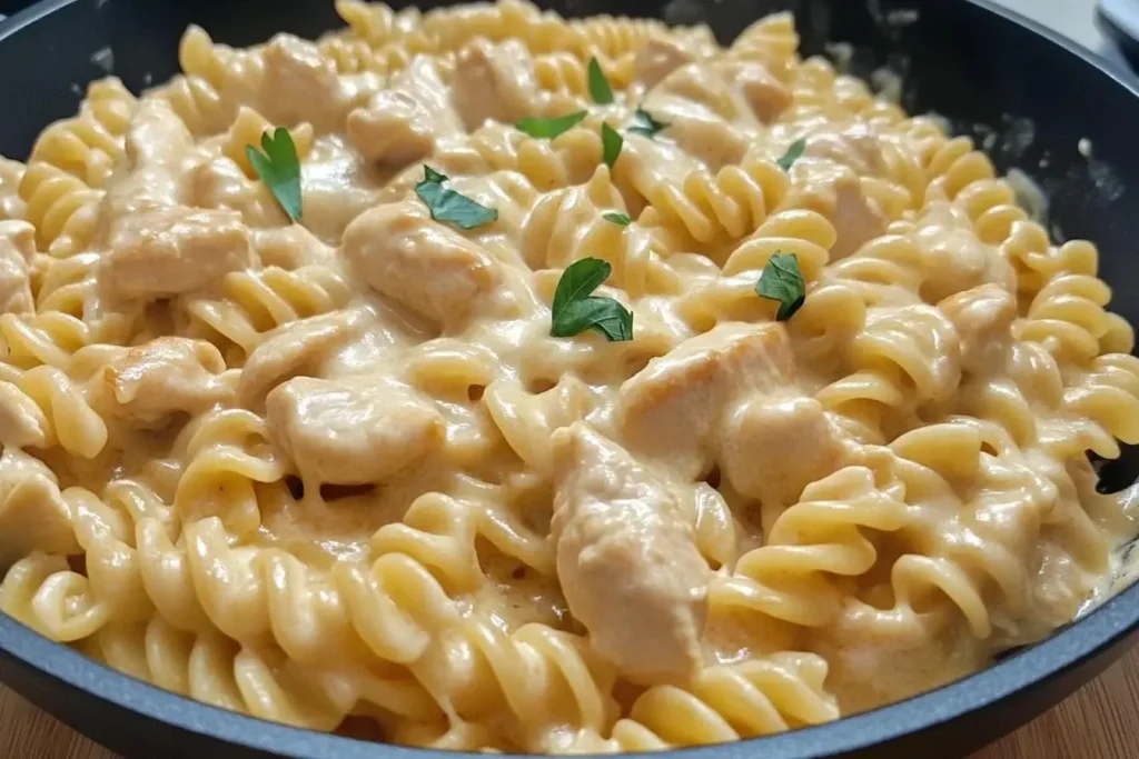 Close-up of Creamy Smoky White Cheddar Honey Butter Chicken Pasta Skillet with rotini pasta and tender chicken in a rich, cheesy sauce.