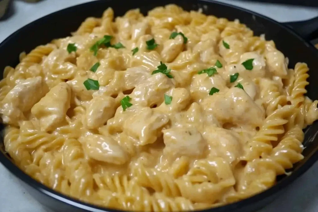 Creamy Smoky White Cheddar Honey Butter Chicken Pasta Skillet in a black pan, topped with chopped parsley for garnish.
