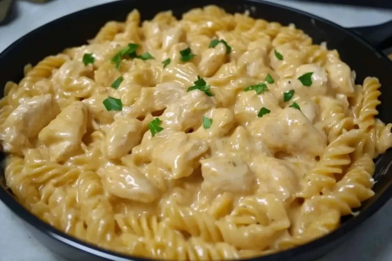 Creamy Smoky White Cheddar Honey Butter Chicken Pasta Skillet in a black pan, topped with chopped parsley for garnish.