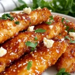 Crispy Hot Honey Feta Chicken topped with feta cheese and parsley on a white plate