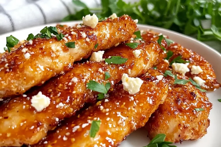 Crispy Hot Honey Feta Chicken topped with feta cheese and parsley on a white plate