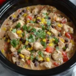Creamy Crock Pot Fiesta Chicken with black beans, corn, and peppers topped with fresh cilantro in a slow cooker.