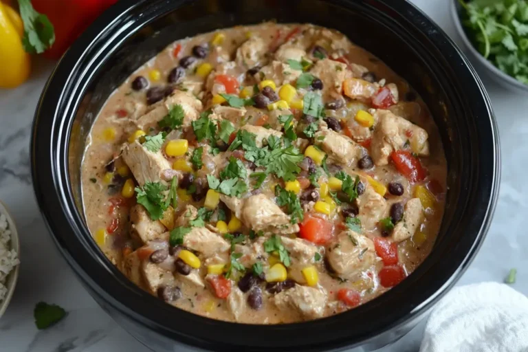 Creamy Crock Pot Fiesta Chicken with black beans, corn, and peppers topped with fresh cilantro in a slow cooker.