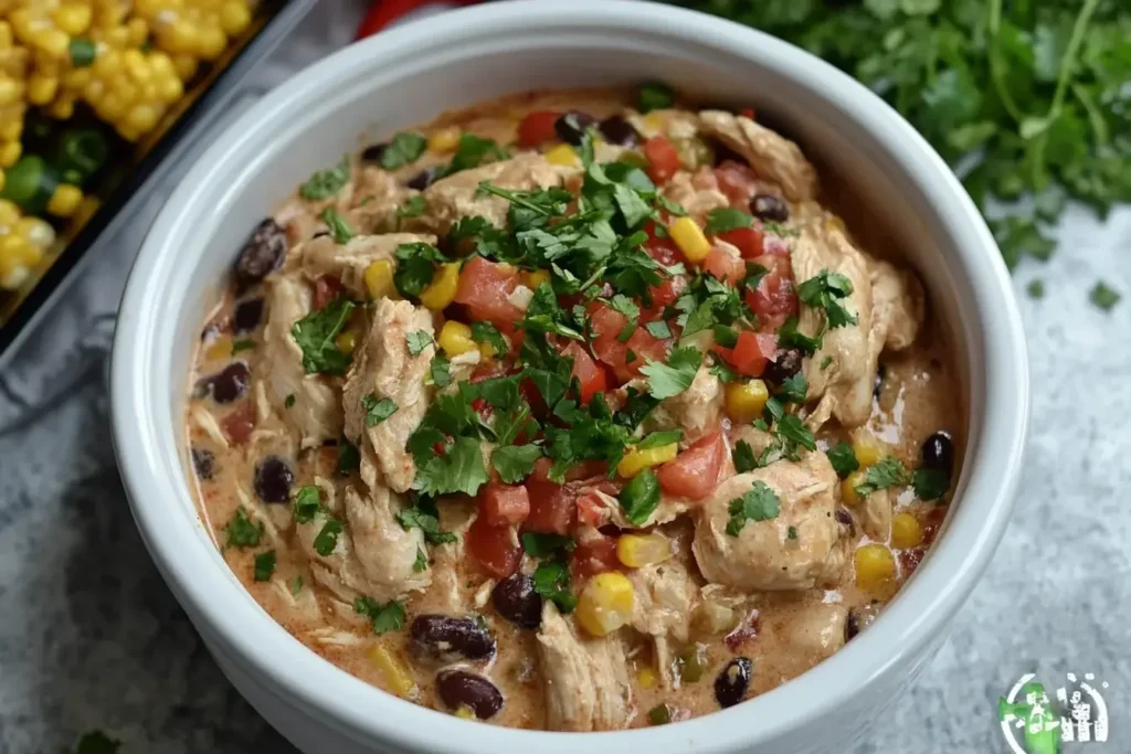 Hearty Crock Pot Fiesta Chicken topped with diced tomatoes, corn, and fresh cilantro in a white serving bowl.