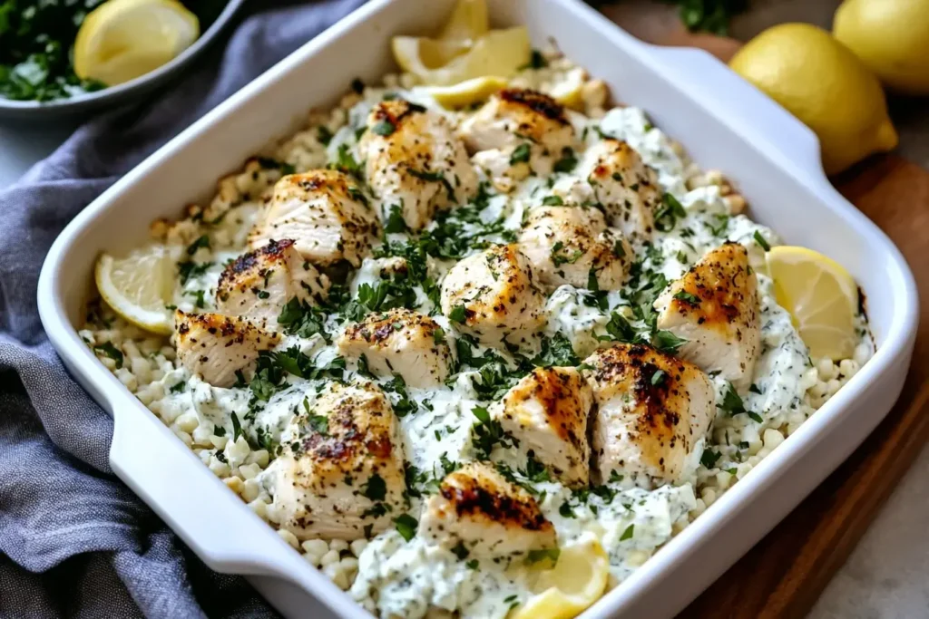 Dump and Bake Chicken Tzatziki Casserole in a white baking dish with juicy chicken, creamy tzatziki, and lemon wedges.