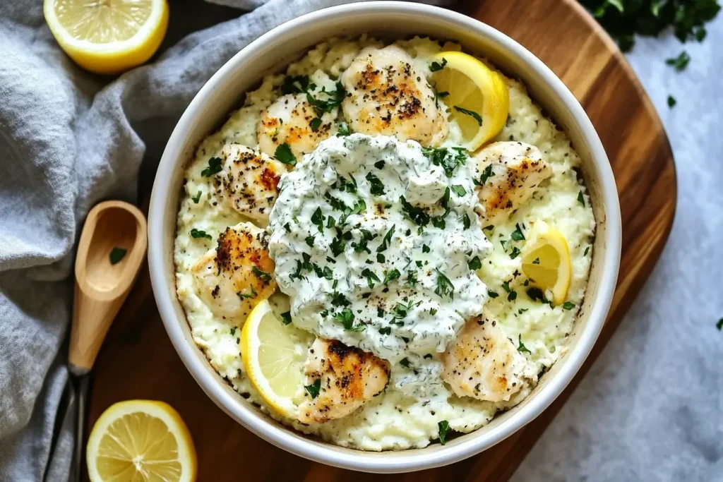 Bowl of creamy Dump and Bake Chicken Tzatziki Casserole topped with fresh tzatziki sauce, lemon wedges, and parsley.