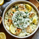 Bowl of creamy Dump and Bake Chicken Tzatziki Casserole topped with fresh tzatziki sauce, lemon wedges, and parsley.