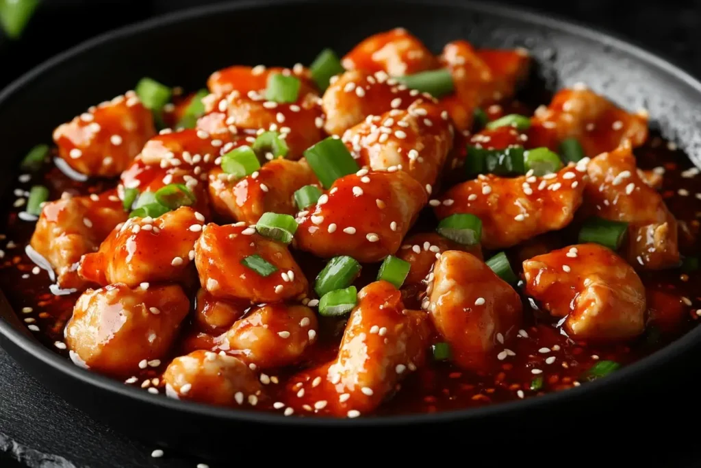 Firecracker Chicken Recipe with sesame seeds and green onions in a spicy sauce