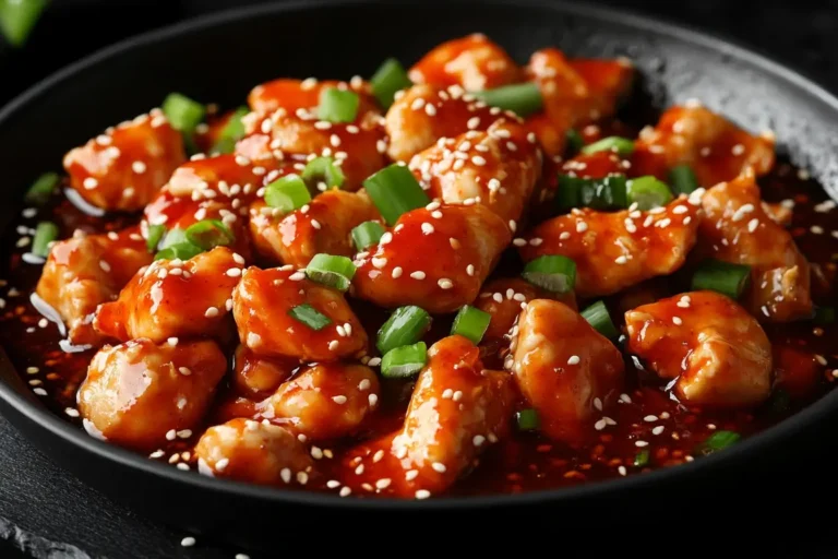 Firecracker Chicken Recipe with sesame seeds and green onions in a spicy sauce