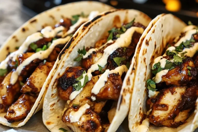 Garlic Butter Honey BBQ Chicken Tacos filled with juicy grilled chicken, drizzled with creamy sauce and topped with fresh cilantro.