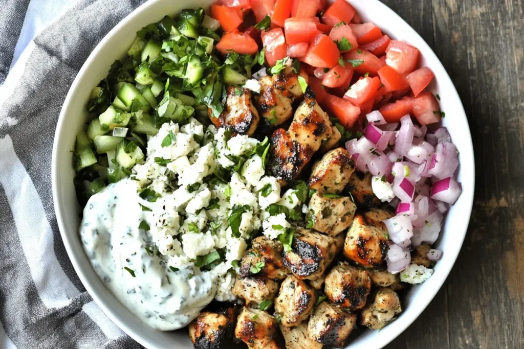 Grilled Greek Chicken Bowls with tzatziki, feta, tomatoes, cucumbers, and onions in a white bowl.