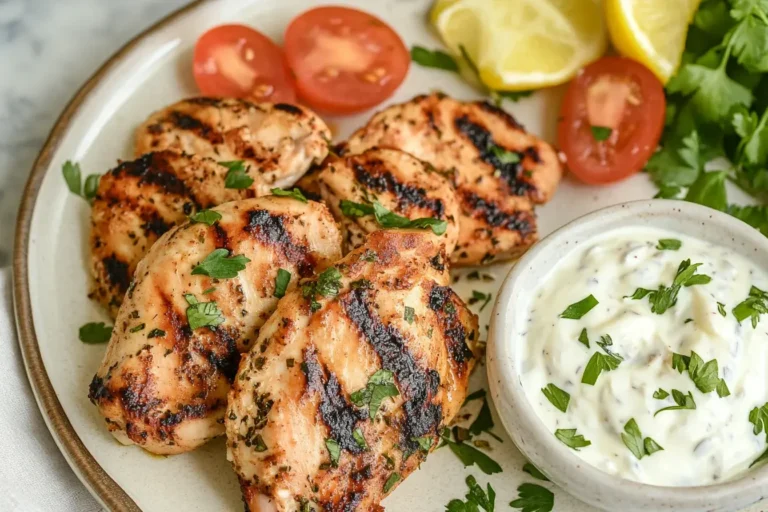 Grilled Greek Yogurt Marinated Chicken served with fresh herbs, cherry tomatoes, lemon wedges, and creamy yogurt sauce.