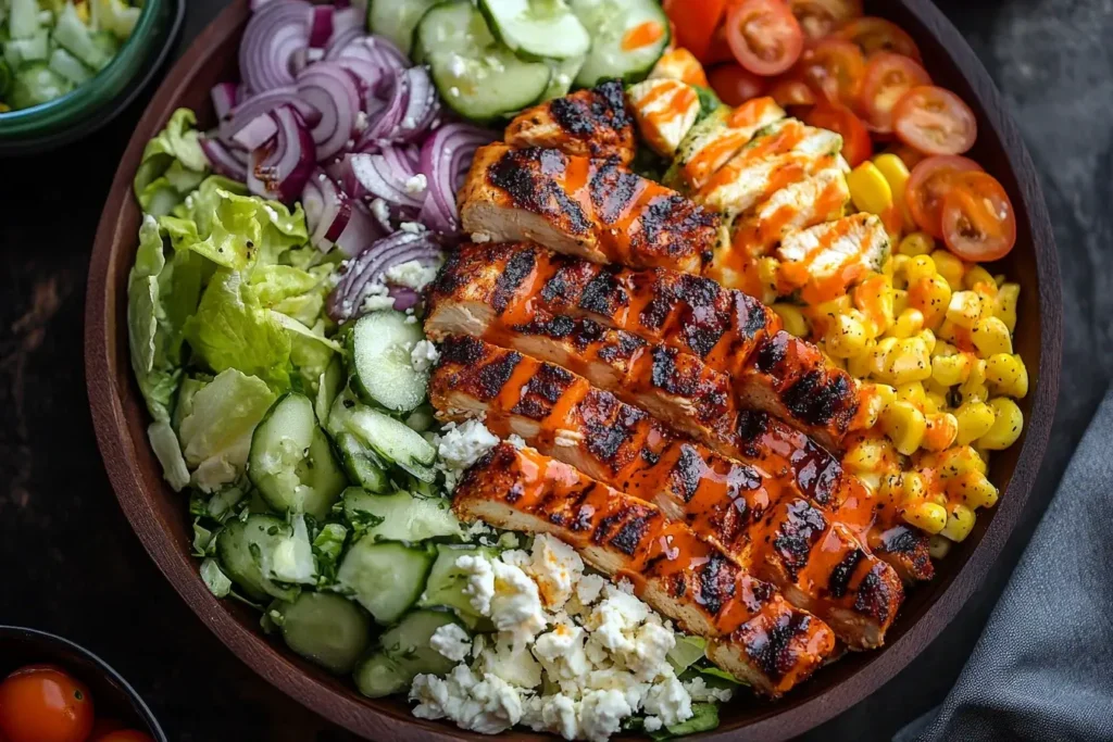 Grilled Buffalo Chicken Salad with feta, corn, cucumbers, red onions, and hot sauce in a wooden bowl.