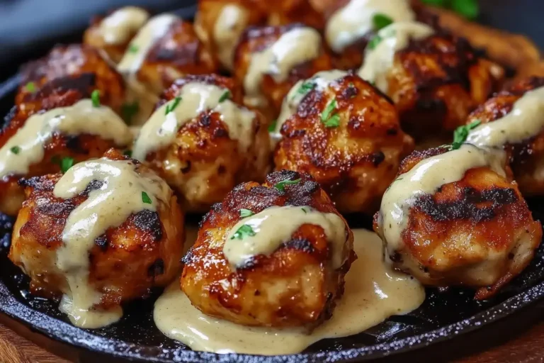 Grilled Chicken Bites with Creamy Garlic Sauce served hot on a cast iron skillet, drizzled with rich, golden garlic sauce.