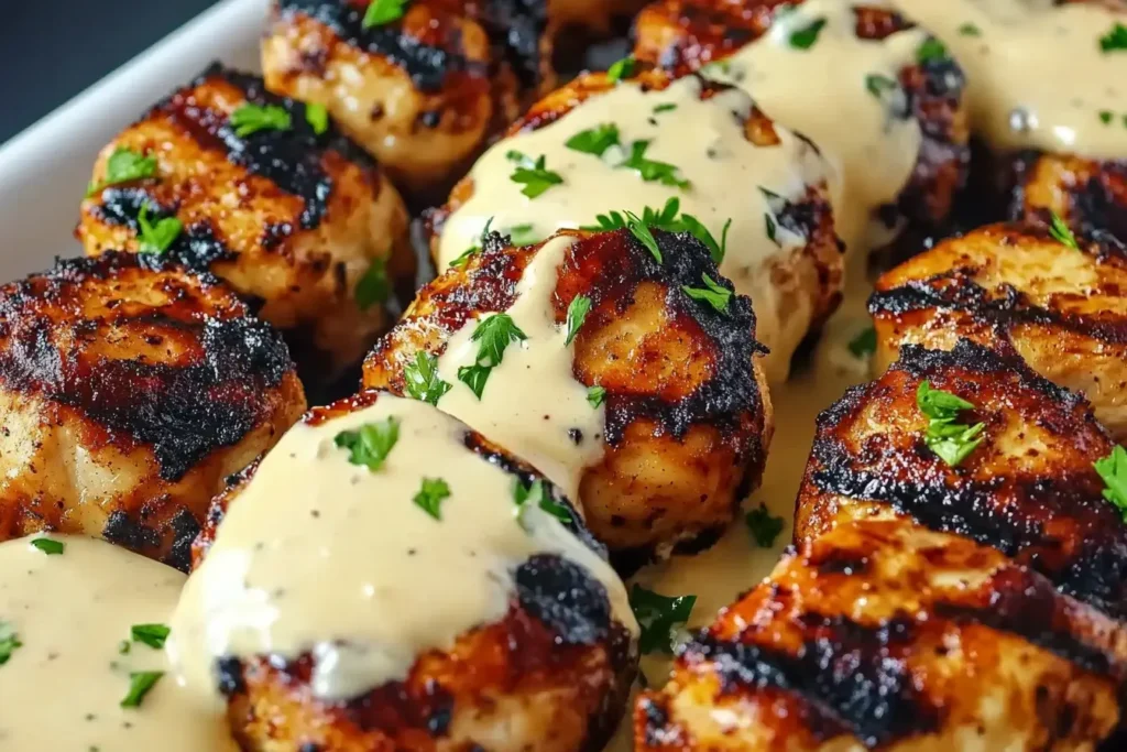 grilled Chicken Bites with Creamy Garlic Sauce topped with fresh parsley for a bold and flavorful finish.