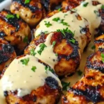 grilled Chicken Bites with Creamy Garlic Sauce topped with fresh parsley for a bold and flavorful finish.